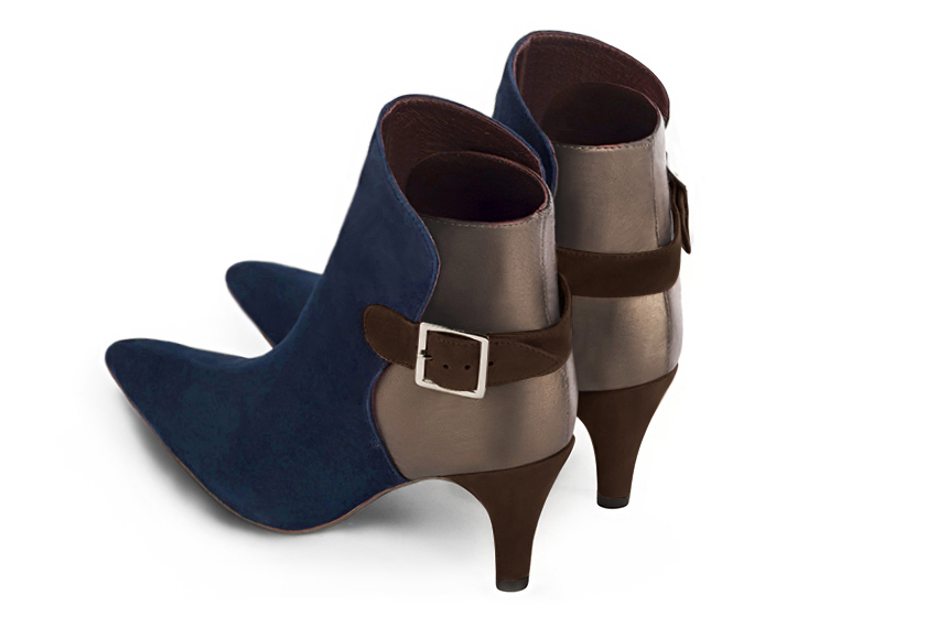 Navy blue, bronze gold and dark brown women's ankle boots with buckles at the back. Tapered toe. High slim heel. Rear view - Florence KOOIJMAN